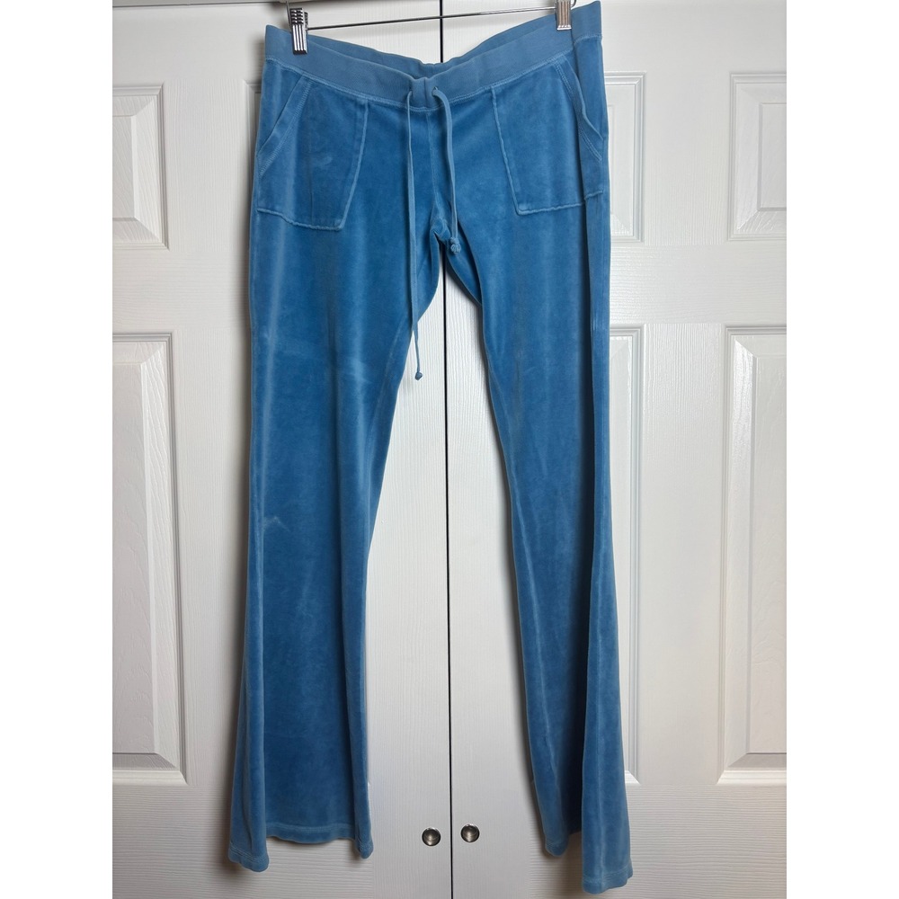 Juicy Couture Blue Velour Track Pants Y2K Flare Leg Snap Pocket JGMU 0007 M Flaw
